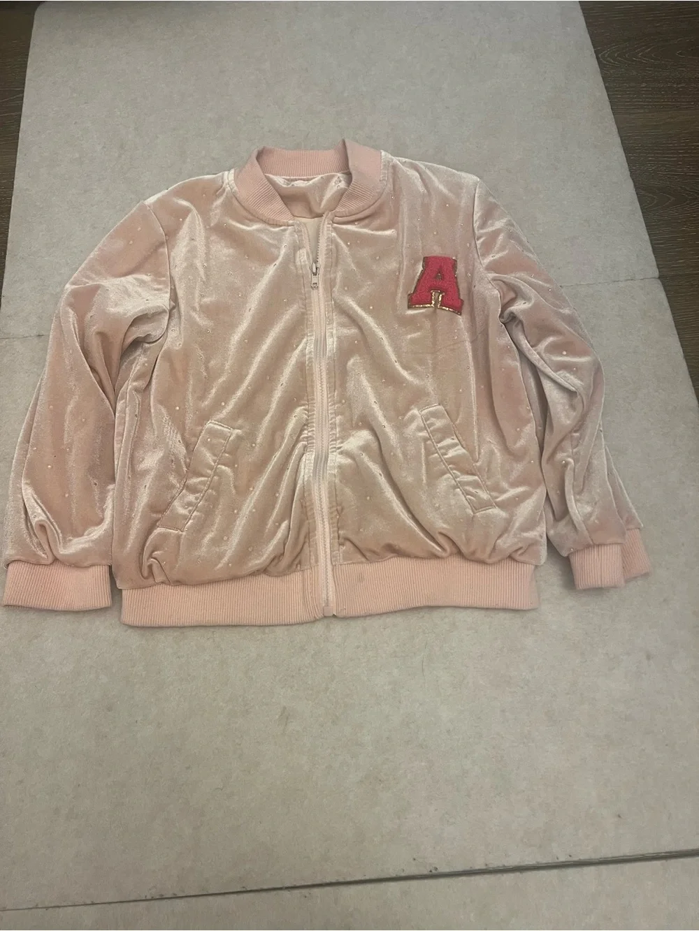 Doe A Dear Girls Blush Pink Velvet Bomber Jacket Size 6 Varsity A Patch